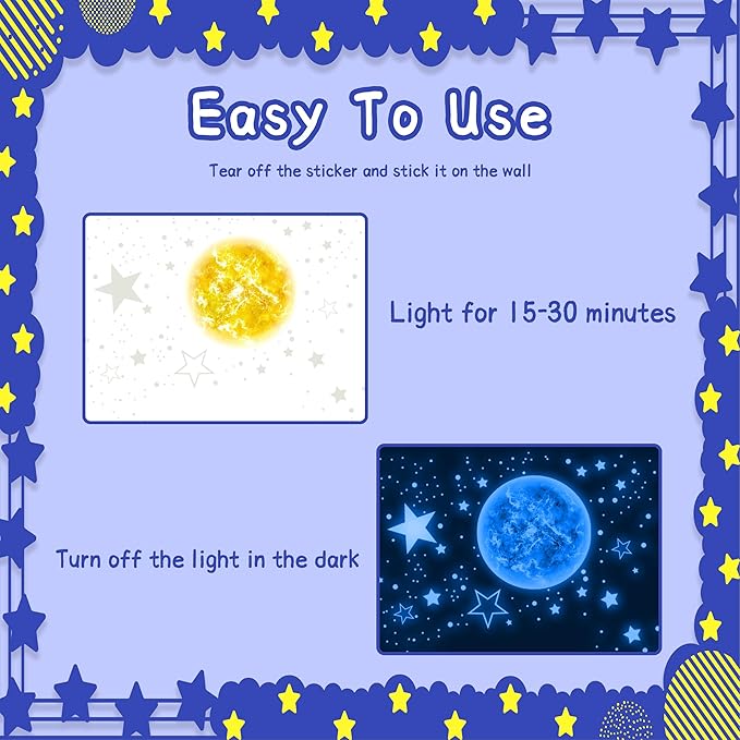 965 PCS Glow in The Dark Stars and Sun for Ceiling, Luminous Stars and Planet Wall Decals, Kids Room Decor, Glowing Galaxy Wall Stickers for Nursery Decorations (Blue)