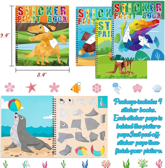 90shine 4PCS Sticker Books for Kids Ages 4-8 Includes Underwater Pet Dinosaur Rainbow Themed Multiple Designs Party Gift Create 44 Pictures
