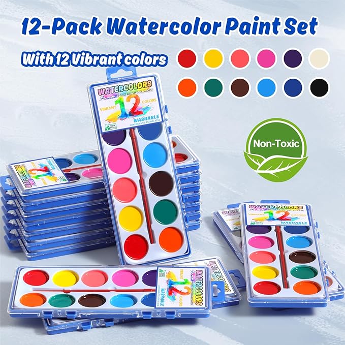 12 Packs Watercolor Paint Set Bulk, 12 Vibrant Colors Washable Watercolors with Brushes for Kids, Art Activities Painting Supplies for School Classroom Home