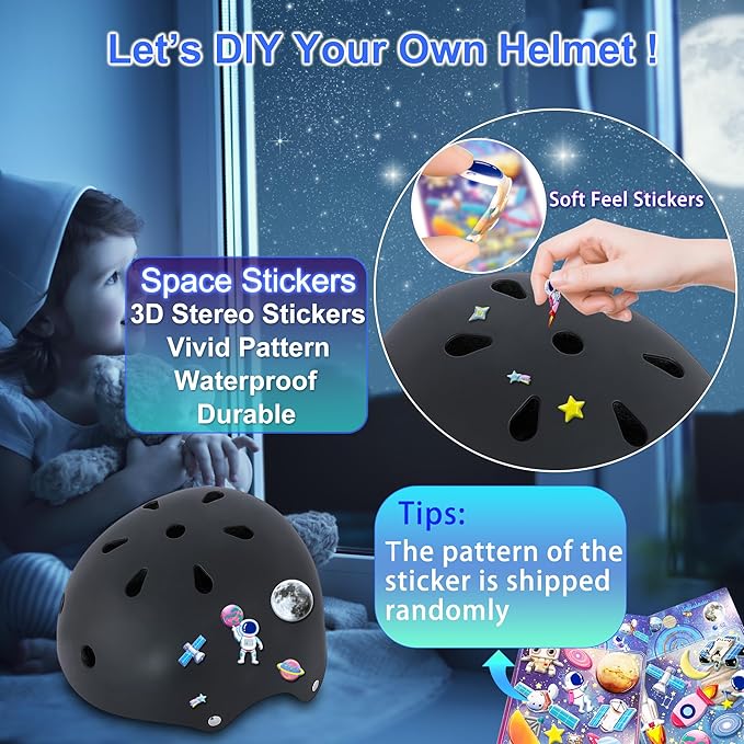 Kids Bike Helmet with DIY Stickers and Knee Pads Elbow Pads Wrist Guard Set for Ages 3-8-14 Toddler Boys Girls Helmet for Roller Skates Cycling Skateboarding Bicycle Scooter