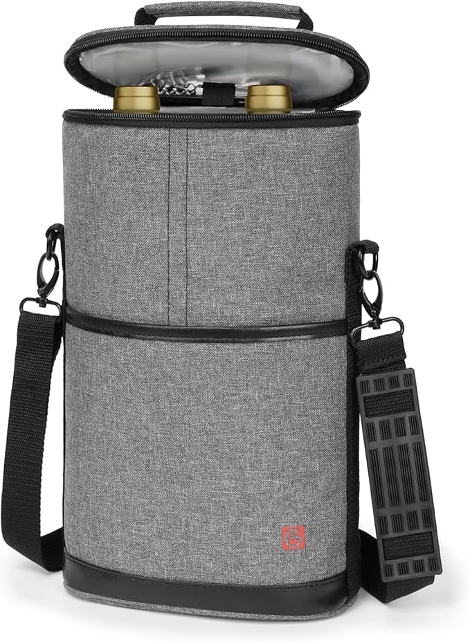 ALLCAMP 2 Bottle Wine Tote Carrier - Insulated Portable Padded Canvas Wine Bag for Travel, BYOB Restaurant, Wine Tasting, Party, Great Christmas Day Gift for Wine Lover，Gray