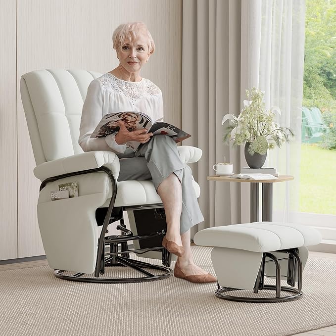 JIASTING 360° Swivel Leather Recliner Chair with Ottoman & Double Side Pockets, Nursing Glider Rocking Recliner Chair, Gliding Chairs for Nursery, Living Room, Office, Bedroom, Metal Frame (White)