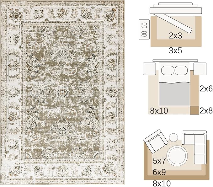 jinchan 4x6 Area Rugs for Bedroom - Machine Washable Distressed Vintage Floral Design Stain Resistant Boho Carpet Ultra-Thin Low Pile Non-Slip Rug for Living Room Dining Room Kitchen (4‘x6',Taupe)