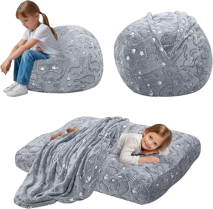 Kids Bean Bag Chair Turn into Beanbag Bed, Dinosaur Toddler Bean Chair for Girl Boy Sleeping, Lazy Children Bean Bags with Filler, Convertible Child Floor Mattress, Grey Dino