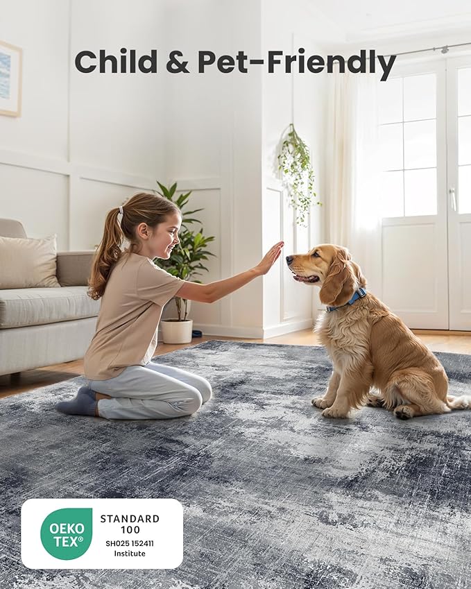 AMADA HOMEFURNISHING 6x9 Washable Area Rug, Modern Abstract Living Room Rug with Non-Slip Backing & Short Pile, Large Rug with Abstract Pattern for Living Room, Bedroom and Dinning Room, Grey