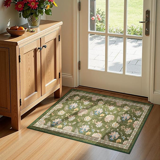 jinchan 2x3 Floral Rug for Entryway Washable Kitchen Rug Vintage Romance Design Small Mat Non Slip Indoor Doormat Lightweight Low-Profile Throw Carpet for Entrance Bathroom Laundry Room, Green