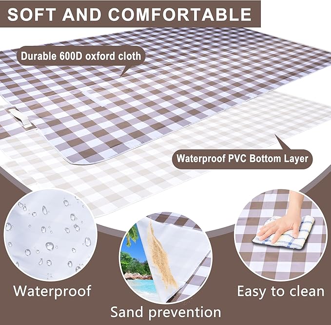 80"x80" Extra Large Waterproof Outdoor Mat - Sandproof Foldable Picnic Blanket for Family Camping, Backyard, Beach Parties - Heavy Duty & Easy Storage (Dark Brown)