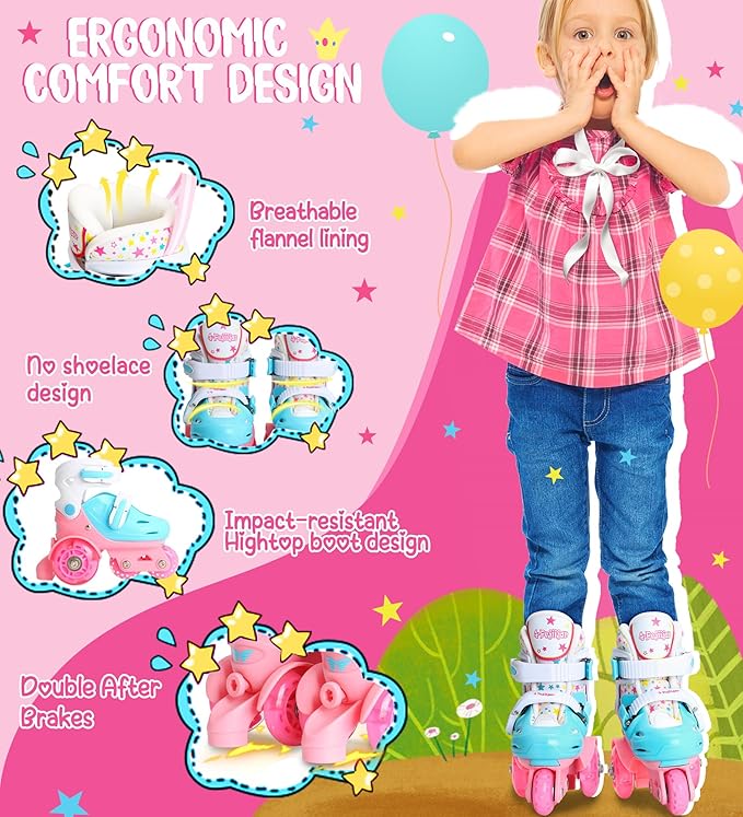 Adjustable Roller Skates for Kids Girls Ladies with Light Up Flash LED Wheels(Age 3-9),Three-Point Type Balance,Gift Box Packing for Toddlers,Children