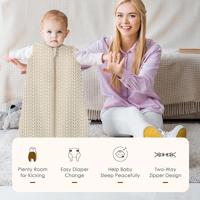 SWEET DOLPHIN Baby Sleep Sack 12-18 Months - 100% Cotton 2-Way Zipper TOG 0.5 Infant Wearable Blanket, Newborn Essentials Toddler 3 Pack Sleeping Sacks - Brown