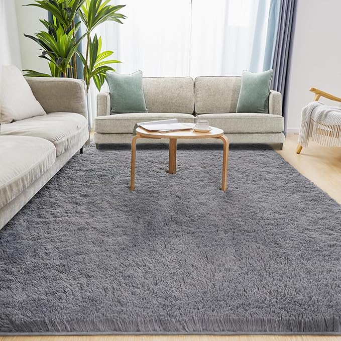 8x10 Grey Fluffy Rug, Ultra Soft Area Rugs for Living Room, Plush Indoor Carpet, Anti-Skid High Pile Luxury Rugs for Bedroom, Nursery, Kids Room, Playroom, Home Decor