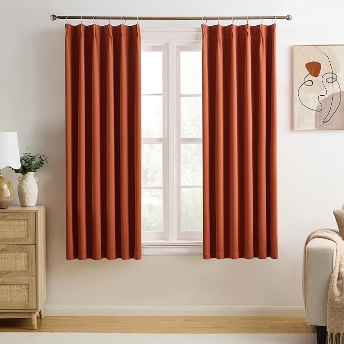 KEQIAOSUOCAI Burnt Orange Blackout Pleated Curtains Short 2 Panels Set 45 Inch Length for Small Windows, Pinch Pleat with Hooks, Boho Muted Ochre Orange Curtain for Bedroom W40 x L45