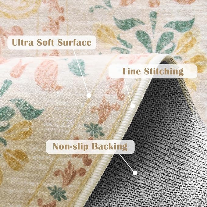 jinchan Round Rug 6ft Area Rugs Vintage Floral Distressed Design,Machine Washable Soft Non-Slip Low-Pile Ultra-Thin Circle Rug for Bedside Living Room Dining Room Bedroom (6' Round, Apricot Multi)