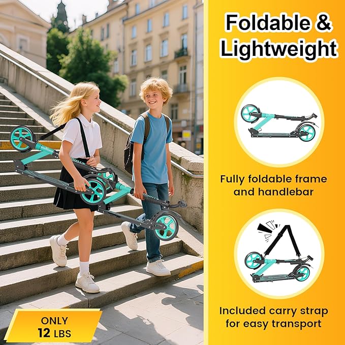 Kick Scooter for Kids Teens & Adults, 4 Adjustable Heights, 8IN All Terrain Big Wheels, Dual Brakes & Dual Suspension, Foldable and Lightweight, Gifts for Girls Boys