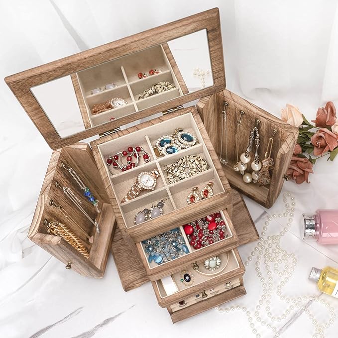 Jewelry Box for Women, Rustic Wooden Jewelry Boxes & Organizers with Mirror, 4 Layer Jewelry Organizer Box Display for Rings Earrings Necklaces Bracelets (Rustic Brown)