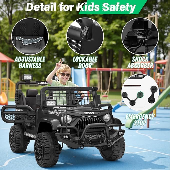 2 Seater Ride On Car Truck with Remote Control XL, Kids 24V Battery Powered Electric Vihicle w/21 in Seat, 3 Speeds, 2WD/4WD Switichable, Shock Absorbers,Bluetooth, Flower, Gift Choice