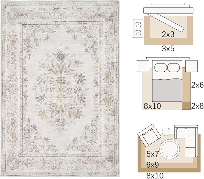 jinchan Vintage Floral 5x7 Area Rugs - Machine Washable Distressed Design Soft Ultra-Thin Low-Pile Non-Slip Carpet for Kitchen Bedroom Nursery Living Room Dining Room Home Office (5x7ft,Light Grey)