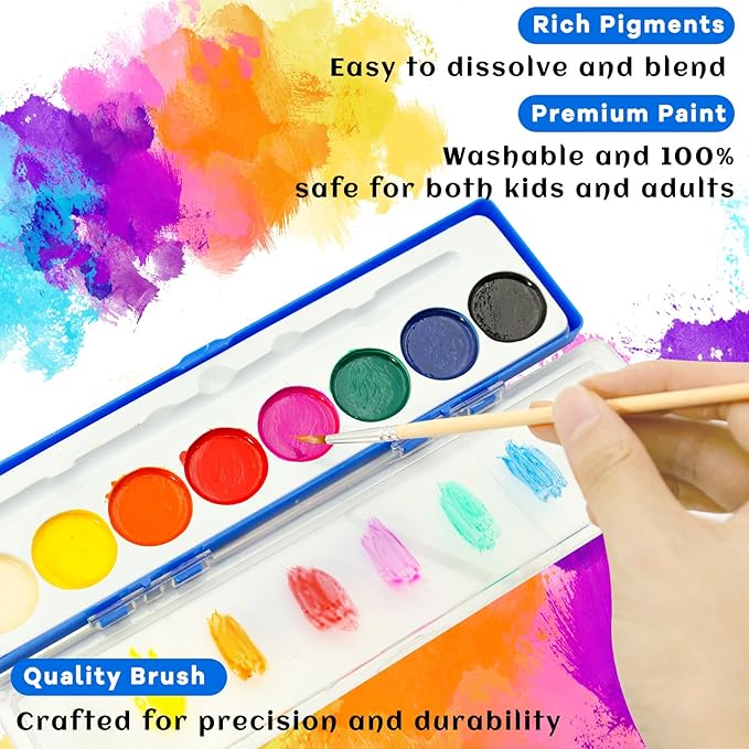 48 Pack Watercolor Paint Set for Kids - 8 Washable,Bright Colors with Paintbrush Watercolor Paint Bulk for Kids Party Favors,Classrooms Supplies,Art Lessons