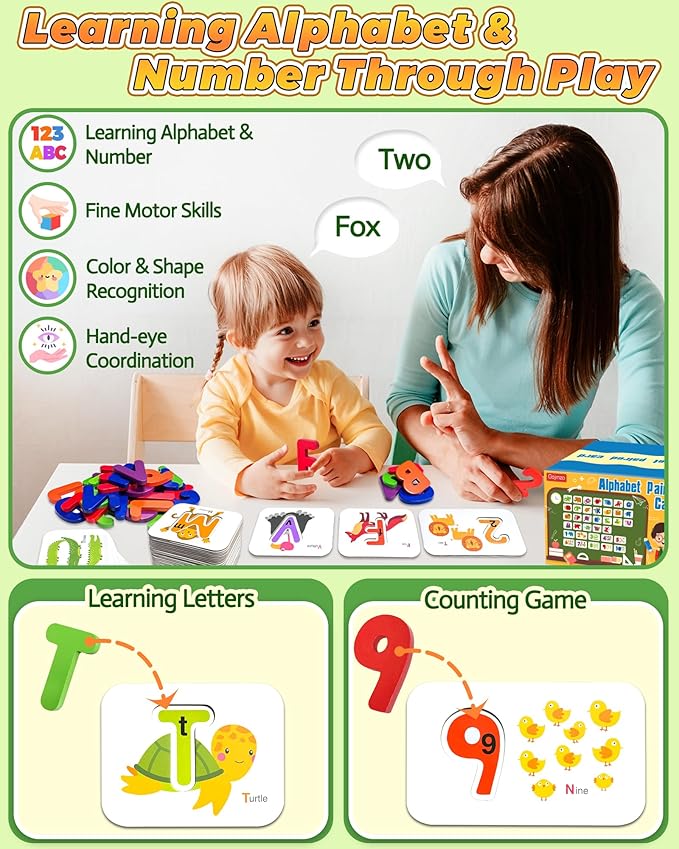 Gojmzo Alphabet Flash Cards, ABC Learning Toys for Kids 3-5, Wooden Letters Number Blocks Sight Words Matching Game, Toddler Preschool Learning Activities, Montessori Educational Toys for 3+ Year Old