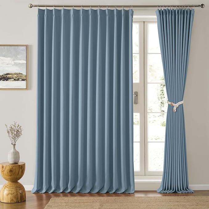 KEQIAOSUOCAI Dusty Blue Pleat Wide Width Drapes 80 x 96 inch Long 2 Panels - Thermal Insulated Room Divider Curtains for Bedroom/Living Room/Patio, Pinch Pleated Curtain Panel with Hooks