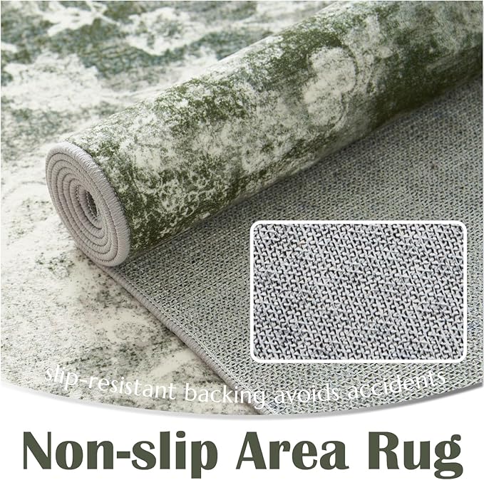 jinchan Washable Area Rug 6x9 for Living Room - Soft Faux Wool Ultra-Thin Stain Resistant Non-Slip Distressed Vintage Floral Rug Large Carpet for Bedroom,Dining Room,Home Office,Nursery(Green, 6'x9')