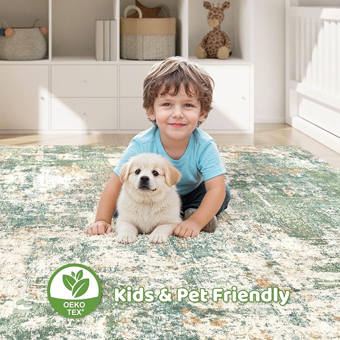 8x10 Area Rugs Living Room: Washable Large Abstract Soft Green Rug Stain Resistant Indoor Floor Non-Slip Accent Carpet for Men Modern Home Enthusiasts Aged 25-45 - Bedroom Office Playroom