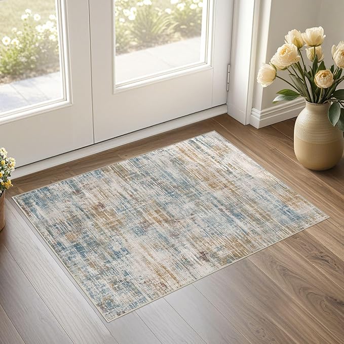 2x3 Entryway Area Rugs: Washable Neutral Abstract Small Rug Door Mat Non-Slip Soft Low Pile Indoor Carpe for Entrance Kitchen Front Door Bathroom Entry Kids Room - Blue Brown