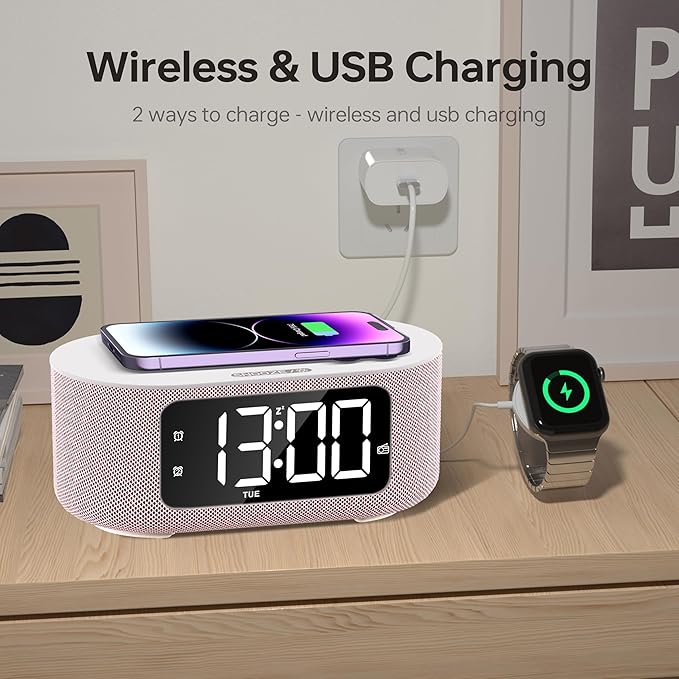 JALL Fabric Alarm Clock for Bedroom, with Big Led Screen Display, Bluetooth Stereo Sound Speaker, FM Radio, Fast Wireless Charging, USB Charging Port, Nightlight, White Noise, Ideal for Gift, Pink