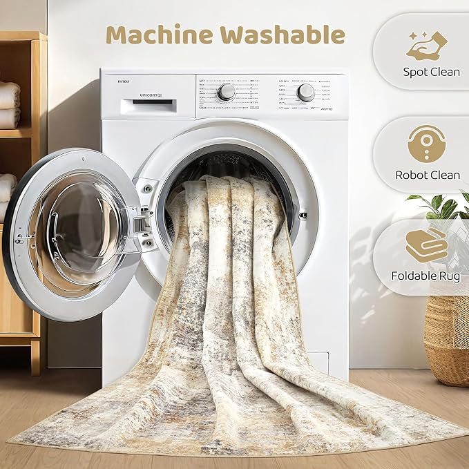 7x9 Area Rug Living Room: Machine Washable Large Abstract Modern Soft Rugs Stain Resistant Indoor Floor Non Slip Accent Carpet for Bedroom Nursery Playroom Office Dining Room Dorm Home- Gray Gold