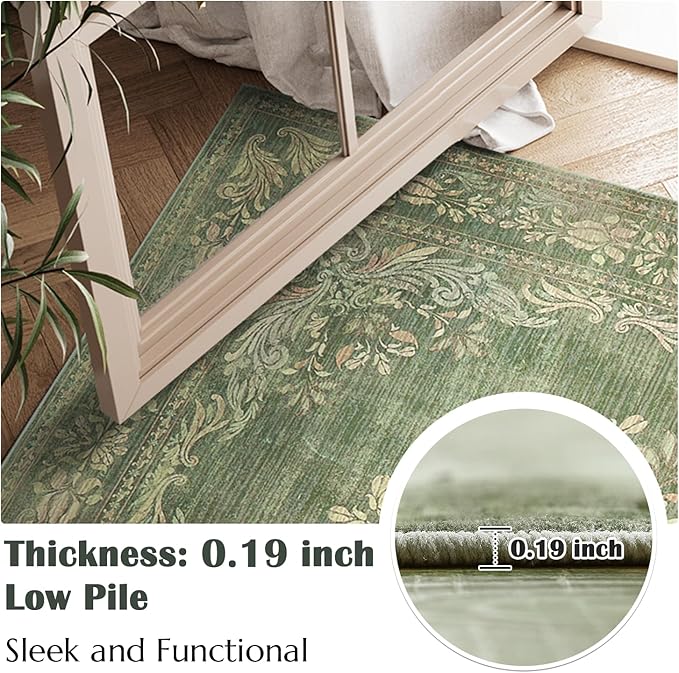 jinchan Green Floral 8x10 Area Rugs for Living Room - Machine Washable Vintage Distressed Design Soft Throw Rug Non-Slip Large Carpet for Bedroom Nursery Dining Room Home Office (8x10ft,Dark Green)