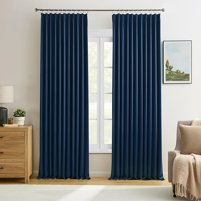 KEQIAOSUOCAI Navy Blackout Curtains 72 Wide x 90 inch Long 2 Panels - Thermal Insulated Room Divider Curtains for Bedroom/Living Room/Patio, Wide Width Pinch Pleated Curtain Panel with Hooks