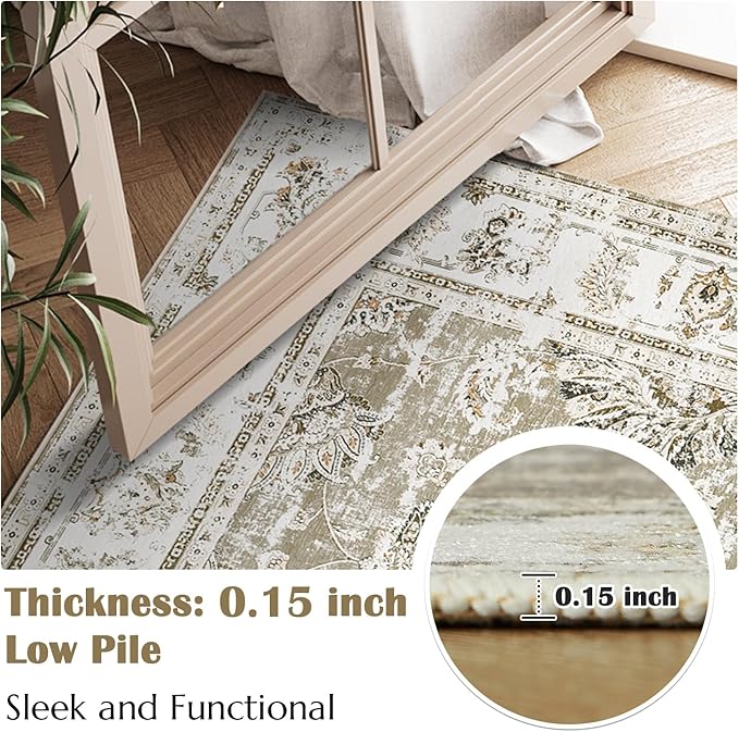 jinchan Floral 2x3 Rugs for Entryway - Vintage Washable Small Non-Slip Distressed Indoor Doormat Ultra-Thin Low-Pile Accent Rug for Entrance Kitchen Bedroom Bathroom (2x3ft,Taupe)
