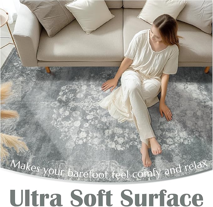 jinchan Washable Area Rug 8x10 for Living Room - Soft Faux Wool Ultra-Thin Stain Resistant Non-Slip Distressed Vintage Floral Large Carpet for Bedroom,Dining Room,Home Office,Nursery(Grey, 8'x10')