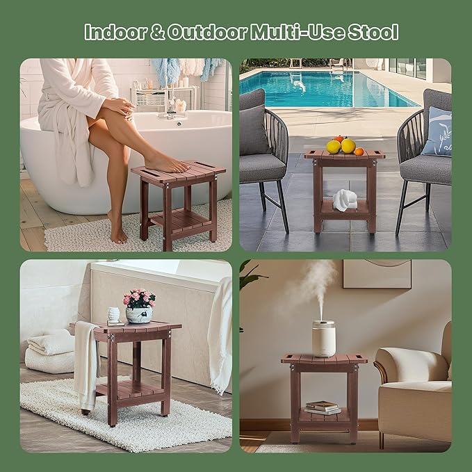 HDPE Shower Bench Seat Capacity 300LB, Waterproof Bathroom Stool with Side Carry Holes, Compact 16.8" L Design, Non-Slip Shower Seat for Elderly, Shaving Legs & Spa - Indoor/Outdoor Use(Brown)