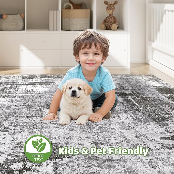 10x14 Area Rugs Living Room: Washable Large Abstract Modern Soft Rug Stain Resistant Indoor Floor Non Slip Accent Carpet for Bedroom Nursery Playroom Office Dining Room Dorm Home House- Black Grey