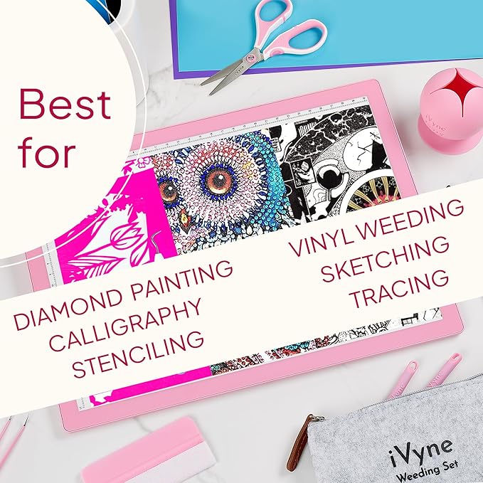 iVyne Corded Light Pad for Weeding Vinyl - A4 Light Box for Drawing - Light Board for Tracing - Light Box for Diamond Painting, Weeding Vinyl, Sketching, Tracing (Pink)