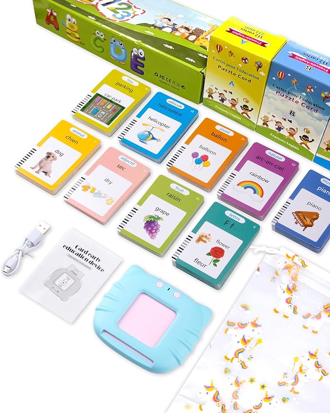 510 Words French Flash Cards for Kids, Toddler Learning Resources Toy, Autism Sensory Toys for Autistic Children Age d 2-4 Blue (French/English/Bilingual)