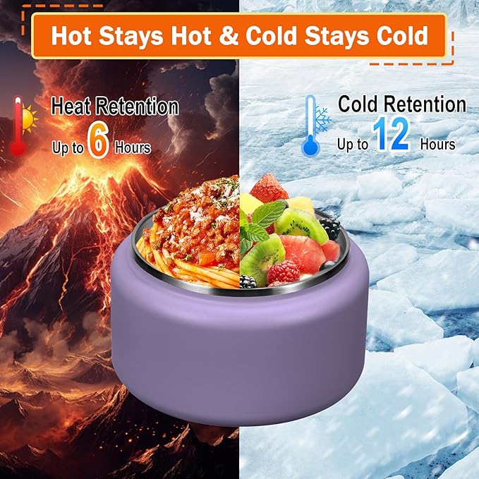 13.5oz Kids Thermos for Hot Food, Insulated Vacuum Food Jar with Buckle Lid, Stainless Steel Wide Mouth Leak Proof Insulated Lunch Container for School Picnic Travel,Purple