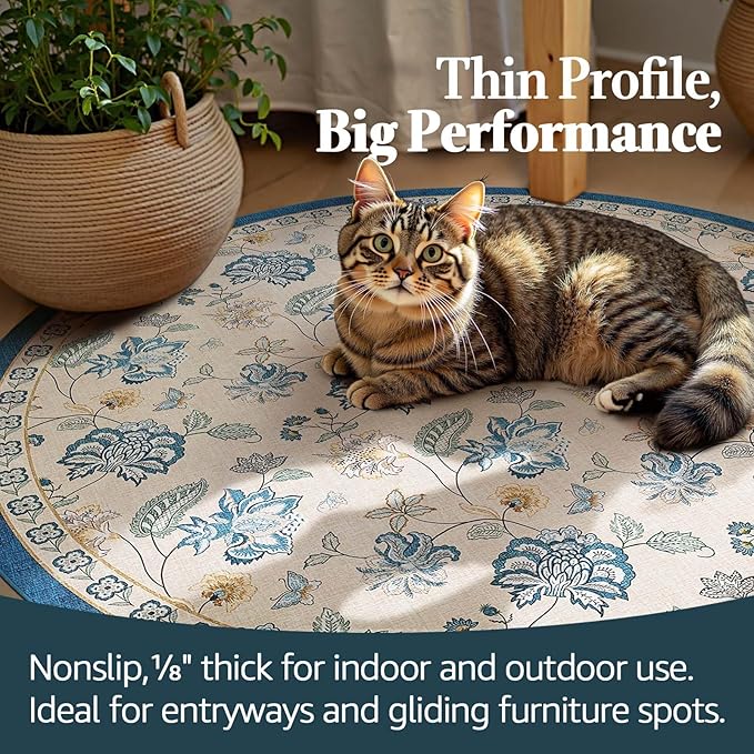 jinchan 7ft Floral Round Rug for Dining Room Washable Living Room Rug Vintage Romance Design Non Slip Indoor Floor Cover Lightweight Low-Profile Throw Carpet for Bedroom Porch Patio, Blue/Beige