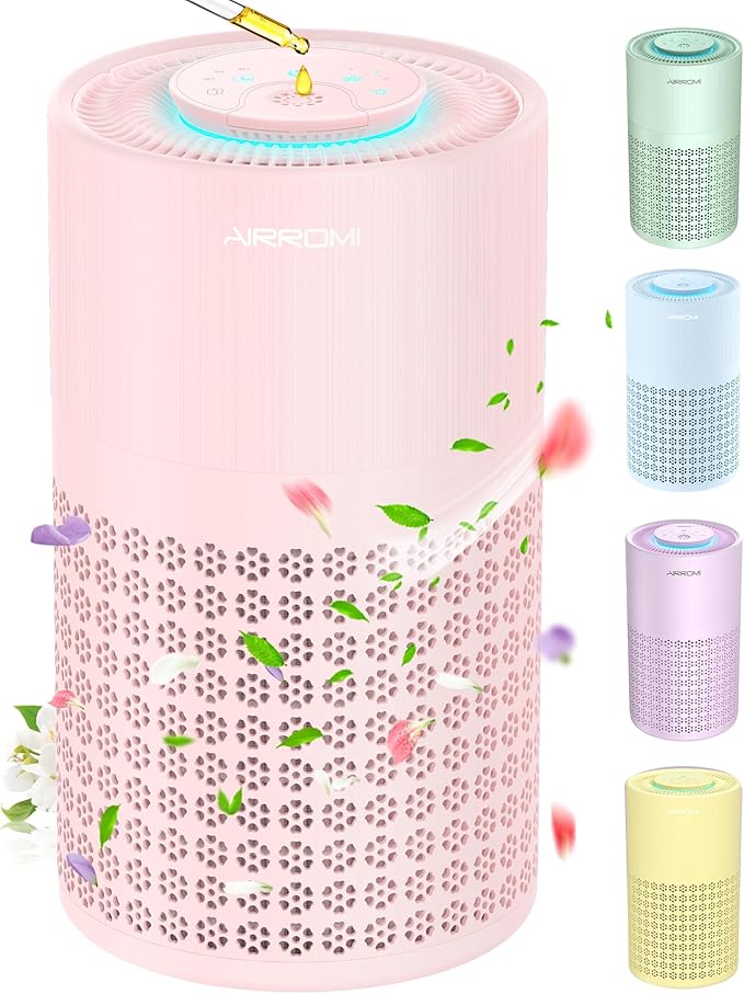 AIRROMI Air Purifier for Bedroom with HEPA 3-in-1 Filter, Pet Air Purifier for Home Cat Pee Smell, Covers Upto 990 Ft², Quiet 360° intake Air Cleaner for pet hair,allergies,Dust,Smoke A2001 Pink