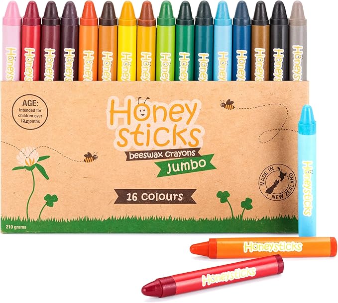 Honeysticks Jumbo Crayons (16 Pack) - Non Toxic Crayons - 100% Pure Beeswax and Food Grade Colors - 16 Bright Colors - Large, Easy to Hold and Use - Preschool Art Supplies for Toddlers/Kids 3-5, 4-8