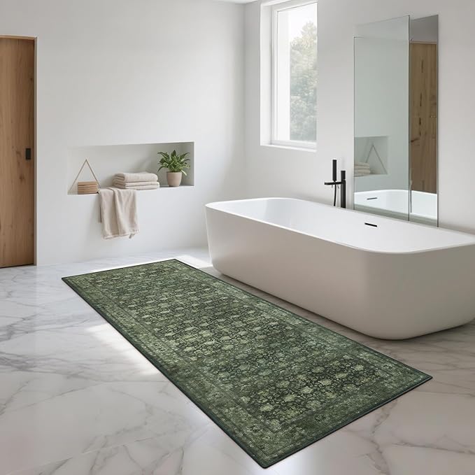2'6x8' Washable Runner Rug for Hallway, Non Slip Vintage Floral Long Carpet Runners for Entryway, Kitchen, Bathroom, Bedroom, Low Pile Laundry Rugs Rubber Backing (Distressed Green)