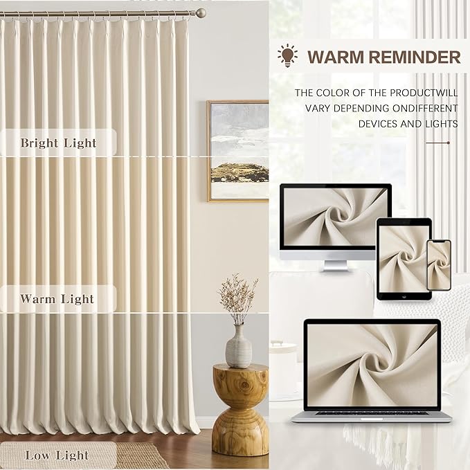 KEQIAOSUOCAI Cream Beige Blackout Curtains 105 Inches Long, Privacy Window Drapes for Living Room/Dining Room/Bedroom, 72 Inch Wide x 105 Inch Long, Pinch Pleat with Hooks, 2 Panels
