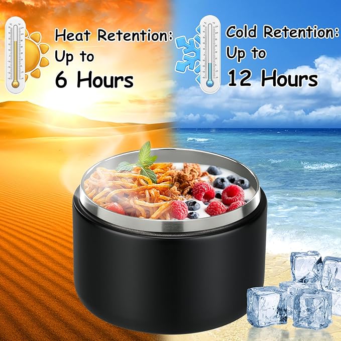 12oz Insulated Vacuum Food Jar with Buckle Lid Wide Mouth Soup Thermo for Hot Food Kids Leakproof Stainless Steel Lunch Container- Black- 1Pack