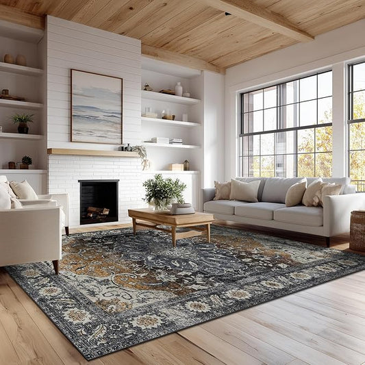 9x12 Area Rug Living Room Rugs, Stain Resistant Washable Rug, Vintage Large Non-Slip Backing, Low Pile Lightweight Print Rug for Bedroom Dinning Room Home Office (Tan/Gray)