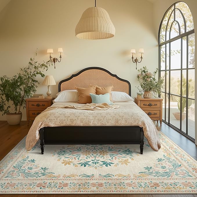 jinchan Vintage Floral 8x10 Area Rugs for Living Room - Machine Washable Distressed Design Soft Throw Rug Thin Non-Slip Large Carpet for Bedroom Nursery Dining Room Home Office(8x10ft,Apricot)