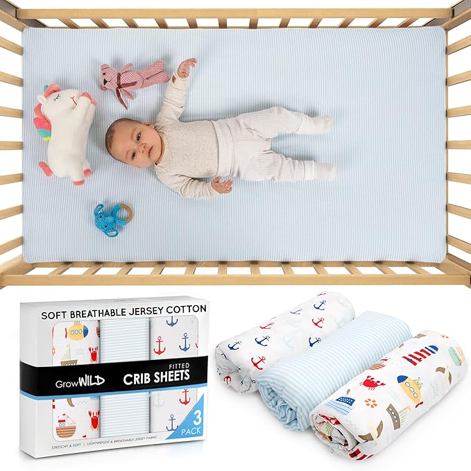 GROW WILD Nautical & Ships Baby Crib Sheets for Boys (3 Pack) - Jersey Knit Fitted Sheet (52" x 28"), Toddler Bedding Set & Baby Boy Crib Bedding Set, Anchors and Ships with Stripes