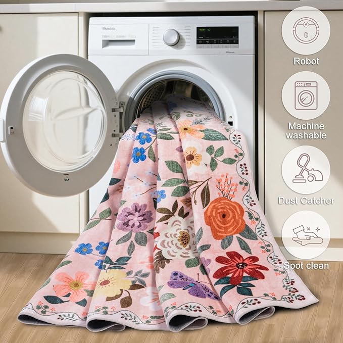 8x10 Area Rugs for Living Room: Floral Washable Rug Vintage Large Soft Boho Non-Slip Carpet Indoor Floor Stain Resistant Carpets for Bedroom Dining Room Farmhouse Nursery Home Office Beige