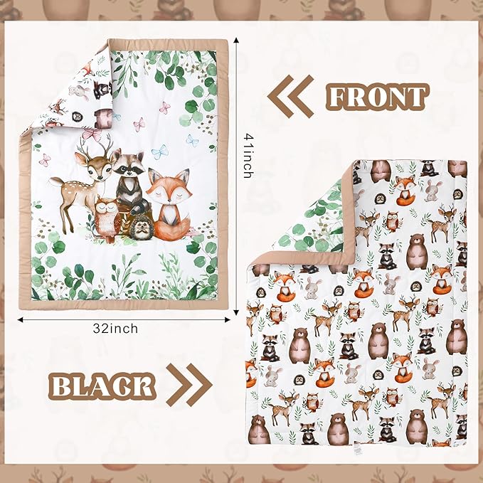 3 Pcs Baby Crib Bedding Set Safari Animals Dinosaurs Bear Woodland Animals Jungle Crib Set Includes Quilt, Fitted Sheet, Skirt for Baby Boy Girl(Green,Woodland Raccoons Deer Etc.)