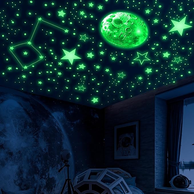 965 PCS Glow in The Dark Stars and Moon for Ceiling, Luminous Stars and Planet Wall Decals, Kids Room Decor, Glowing Galaxy Wall Stickers for Nursery Decorations (Green)