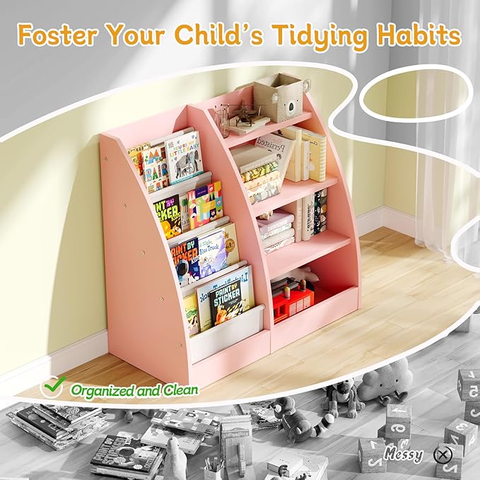 4 Tier Kids Bookshelf Set of 2,4 Layer Sling Kids Book Shelf for Kids Rooms,Wood Children Bookcase,Baby Storage Book Rack,Toddler Bookshelf, Book and Toy Organizer,Book Display Shelf for Nursery